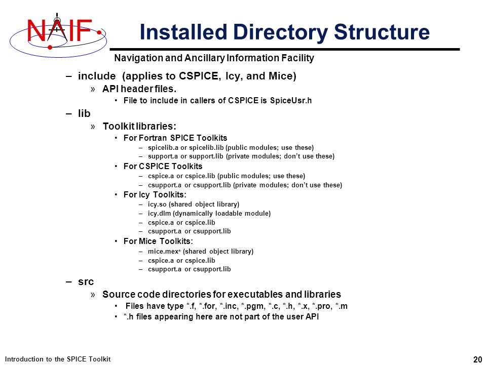 Navigation and Ancillary Information Facility NIF Introduction to the SPICE Toolkit 20 –include (applies to CSPICE, Icy, and Mice) »API header files.