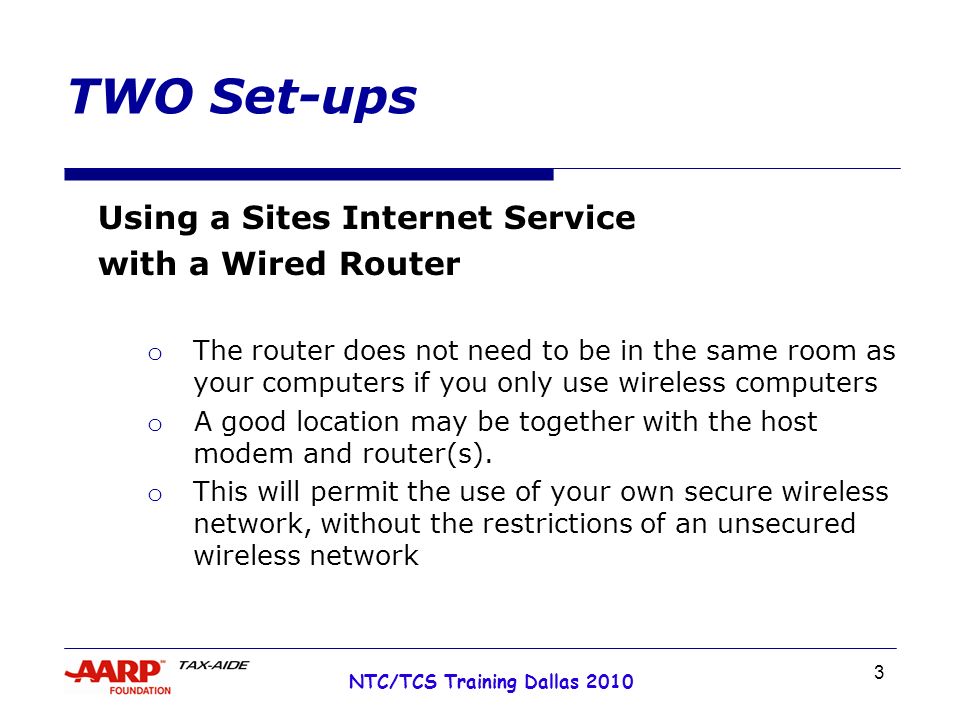 3 NTC/TCS Training Dallas 2010 TWO Set-ups Using a Sites Internet Service with a Wired Router o The router does not need to be in the same room as your computers if you only use wireless computers o A good location may be together with the host modem and router(s).