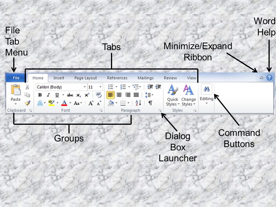 Tabs File Tab Menu Groups Dialog Box Launcher Command Buttons Minimize/Expand Ribbon Word Help