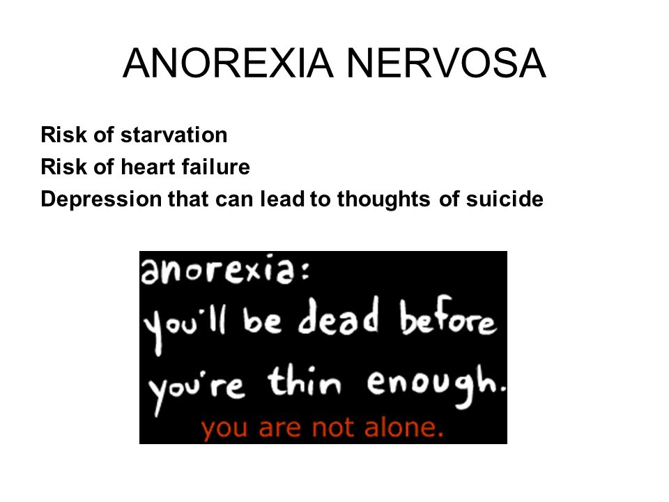 ANOREXIA NERVOSA Risk of starvation Risk of heart failure Depression that can lead to thoughts of suicide