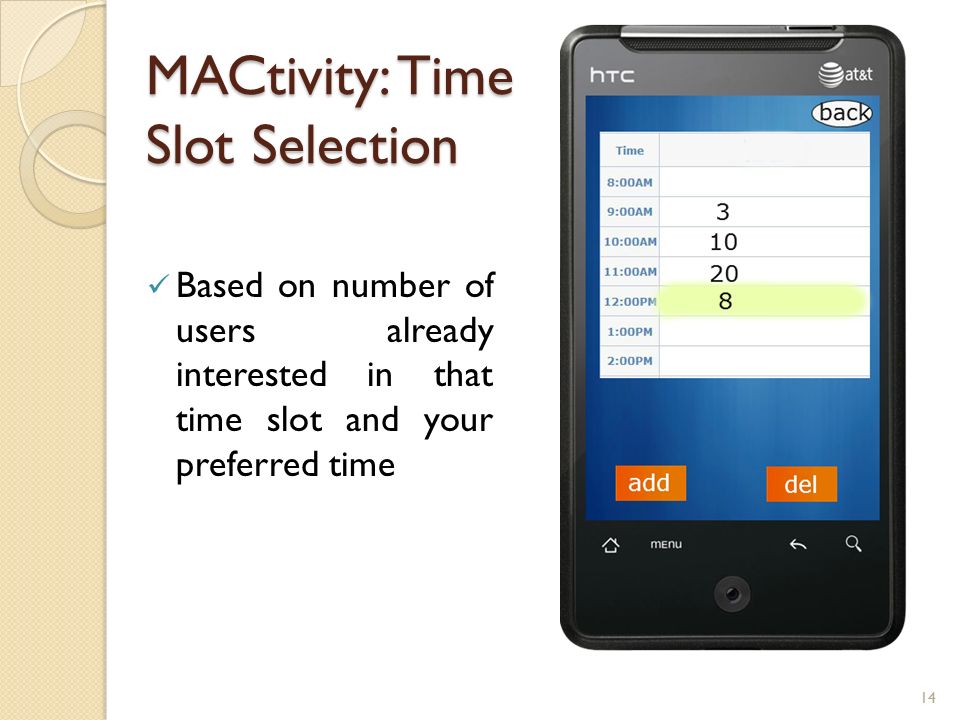 MACtivity: Time Slot Selection Based on number of users already interested in that time slot and your preferred time 14
