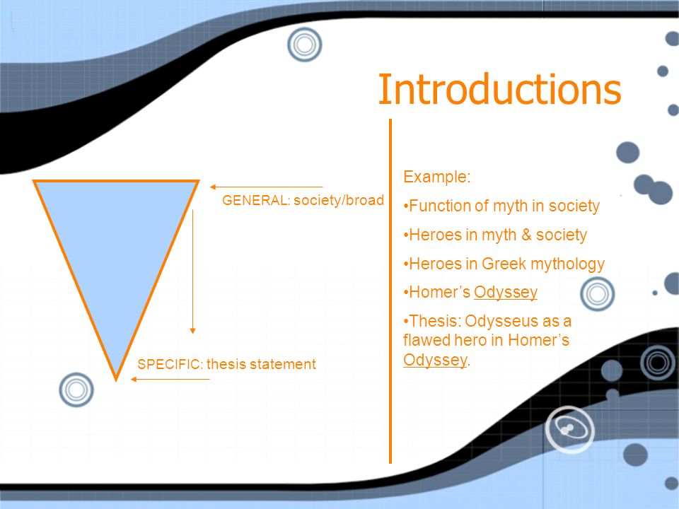 Introductions SPECIFIC: thesis statement GENERAL: society/broad Example: Function of myth in society Heroes in myth & society Heroes in Greek mythology Homer’s Odyssey Thesis: Odysseus as a flawed hero in Homer’s Odyssey.