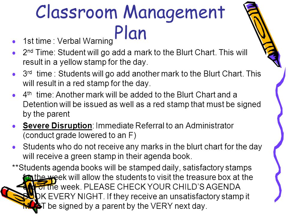 Classroom Management Plan  1st time : Verbal Warning  2 nd Time: Student will go add a mark to the Blurt Chart.