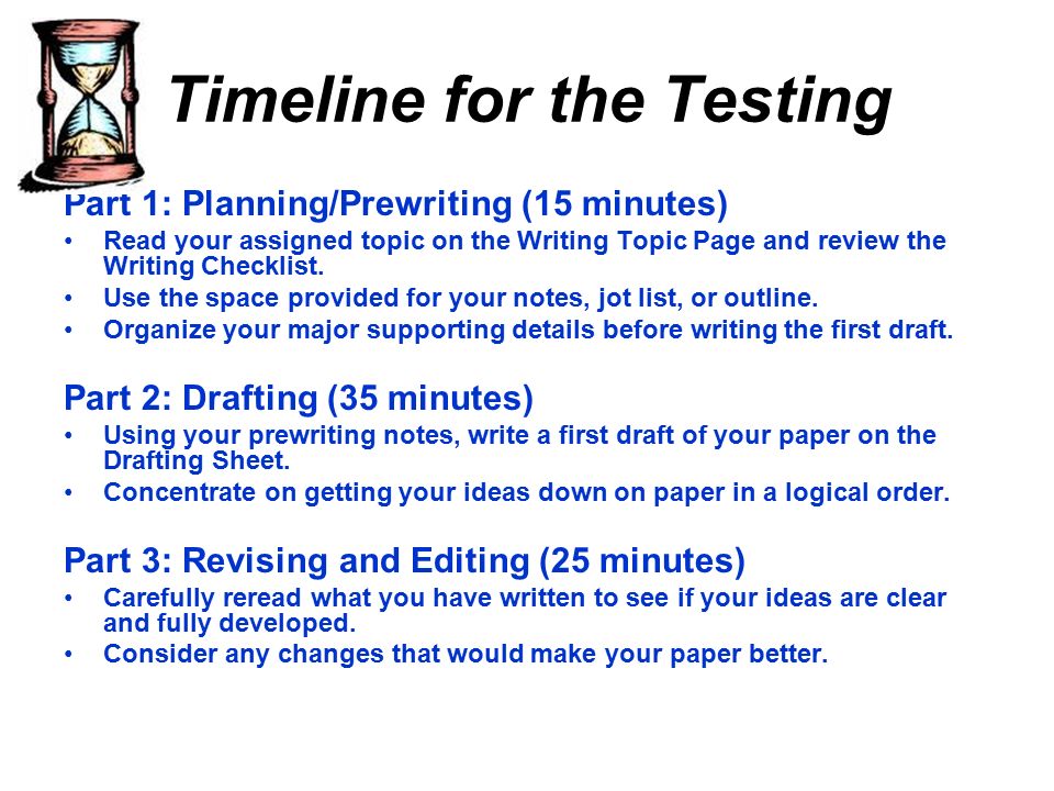 Timeline for the Testing Part 1: Planning/Prewriting (15 minutes) Read your assigned topic on the Writing Topic Page and review the Writing Checklist.
