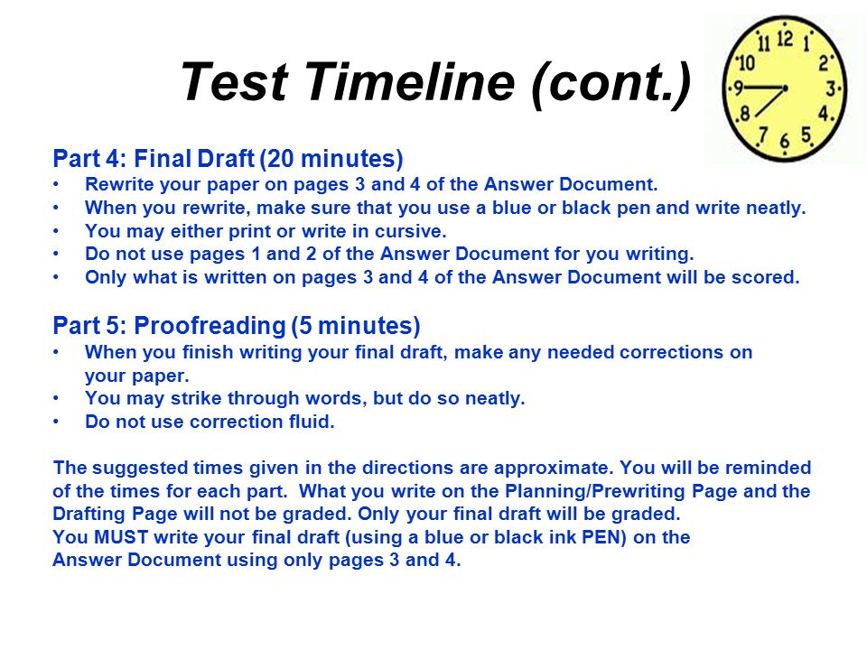 Test Timeline (cont.) Part 4: Final Draft (20 minutes) Rewrite your paper on pages 3 and 4 of the Answer Document.