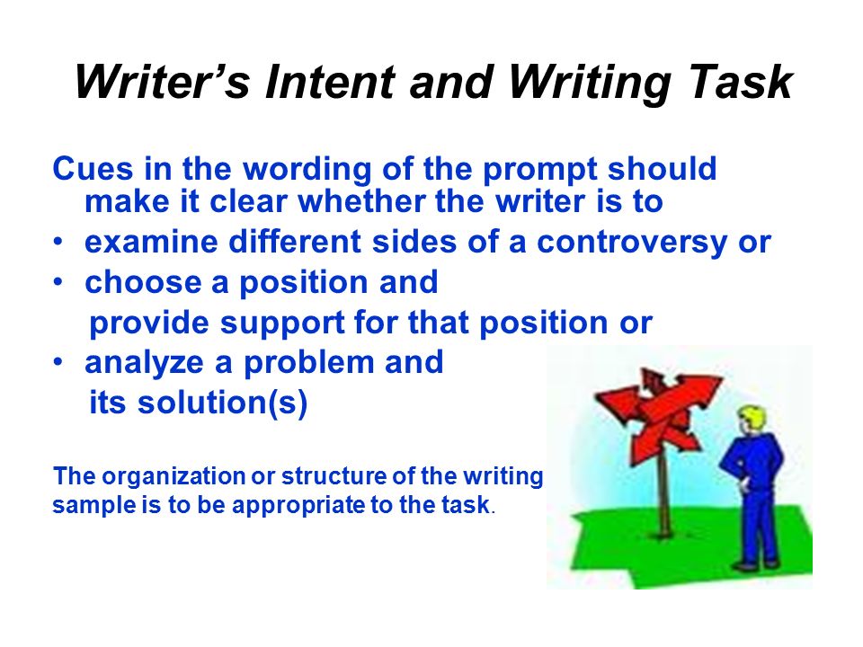 Writer’s Intent and Writing Task Cues in the wording of the prompt should make it clear whether the writer is to examine different sides of a controversy or choose a position and provide support for that position or analyze a problem and its solution(s) The organization or structure of the writing sample is to be appropriate to the task.