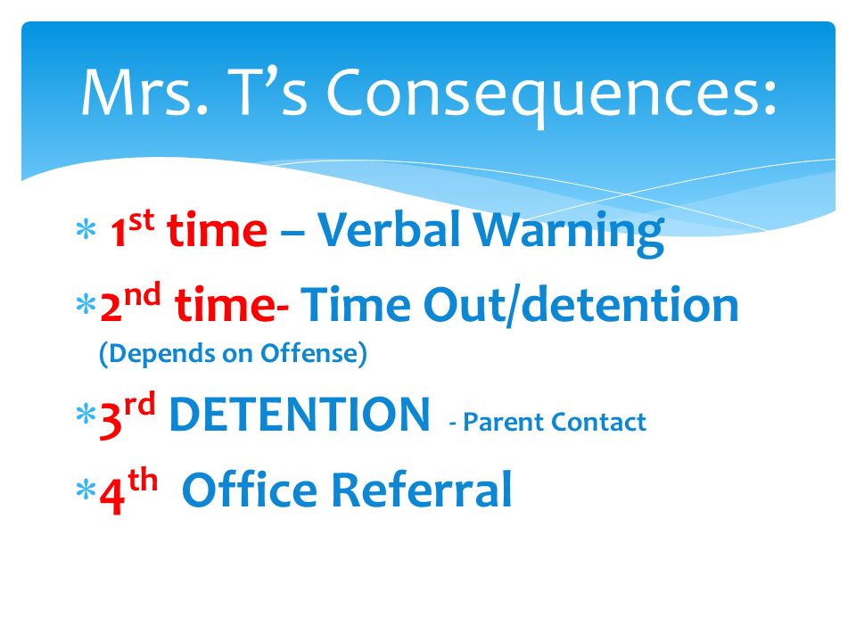  1 st time – Verbal Warning  2 nd time- Time Out/detention (Depends on Offense)  3 rd DETENTION - Parent Contact  4 th Office Referral Mrs.