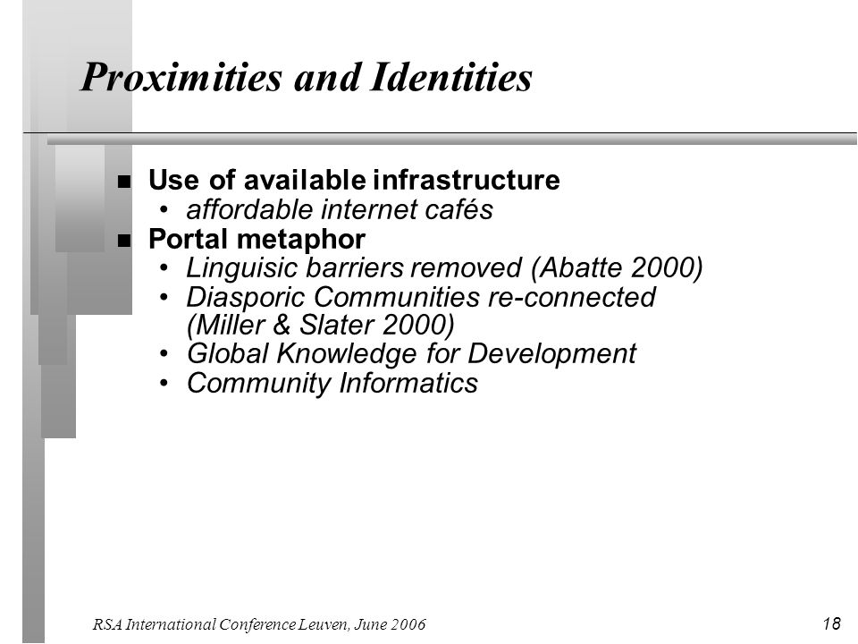 RSA International Conference Leuven, June Proximities and Identities n Use of available infrastructure affordable internet cafés n Portal metaphor Linguisic barriers removed (Abatte 2000) Diasporic Communities re-connected (Miller & Slater 2000) Global Knowledge for Development Community Informatics