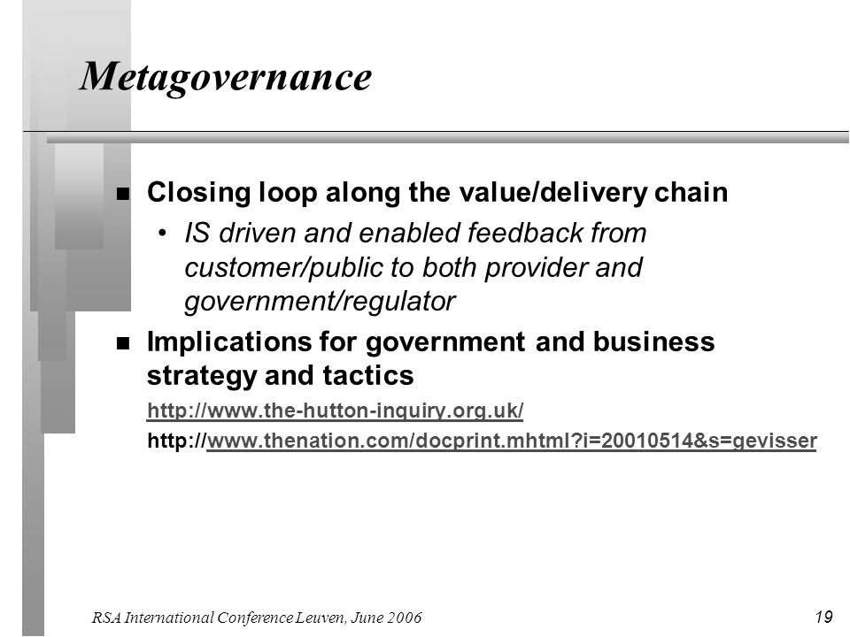 RSA International Conference Leuven, June Metagovernance n Closing loop along the value/delivery chain IS driven and enabled feedback from customer/public to both provider and government/regulator n Implications for government and business strategy and tactics     i= &s=gevisserwww.thenation.com/docprint.mhtml i= &s=gevisser
