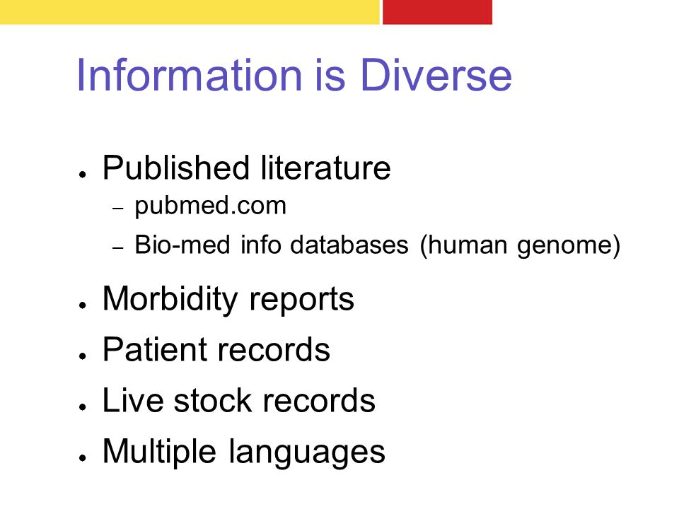 Information is Diverse ● Published literature – pubmed.com – Bio-med info databases (human genome) ● Morbidity reports ● Patient records ● Live stock records ● Multiple languages