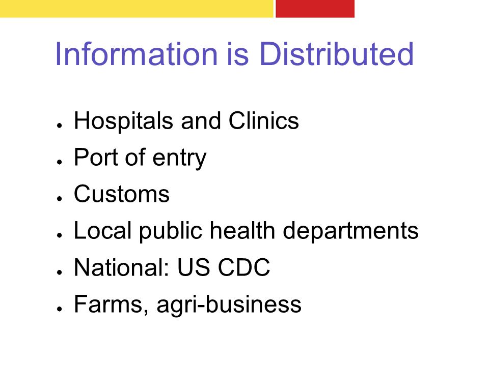 Information is Distributed ● Hospitals and Clinics ● Port of entry ● Customs ● Local public health departments ● National: US CDC ● Farms, agri-business