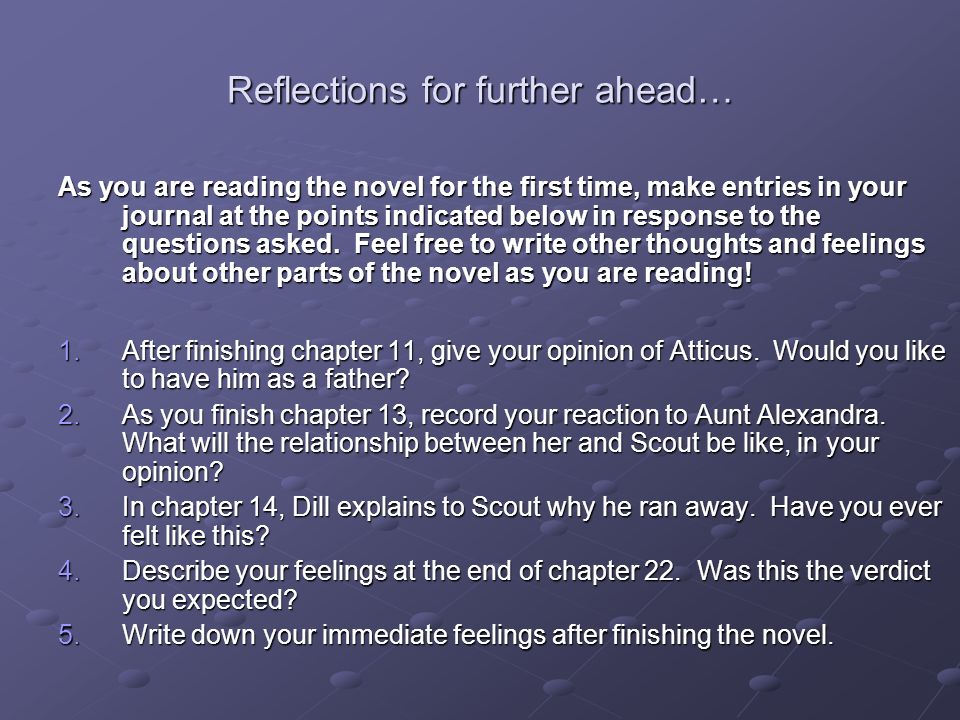 Reflections for further ahead… As you are reading the novel for the first time, make entries in your journal at the points indicated below in response to the questions asked.