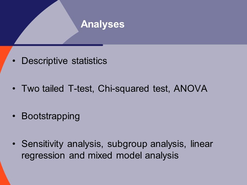 Analyses Descriptive statistics Two tailed T-test, Chi-squared test, ANOVA Bootstrapping Sensitivity analysis, subgroup analysis, linear regression and mixed model analysis