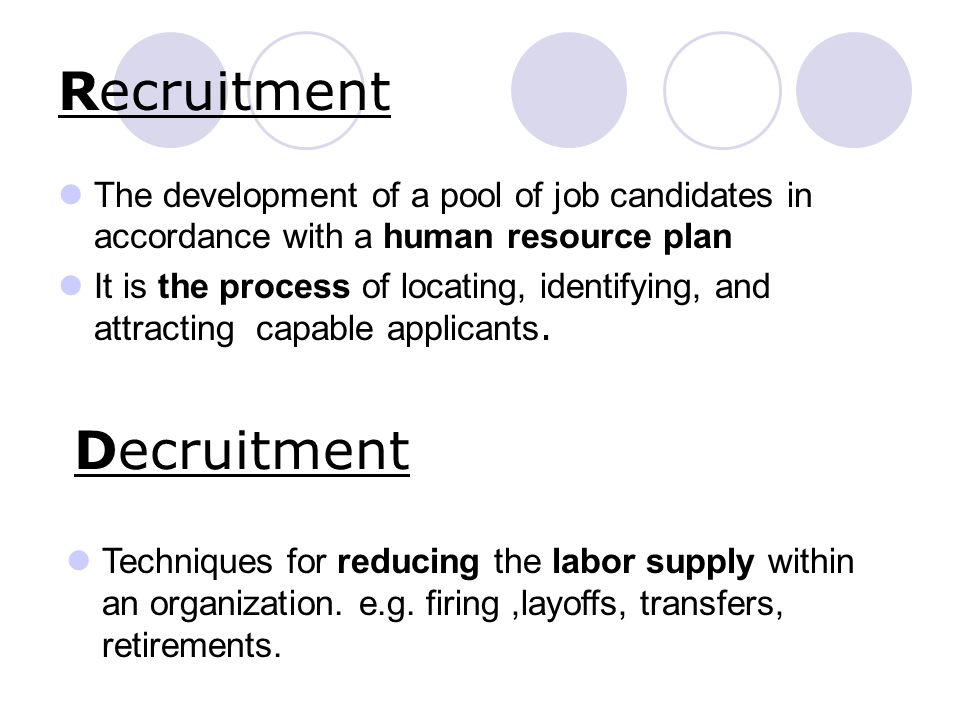 Recruitment The development of a pool of job candidates in accordance with a human resource plan It is the process of locating, identifying, and attracting capable applicants.