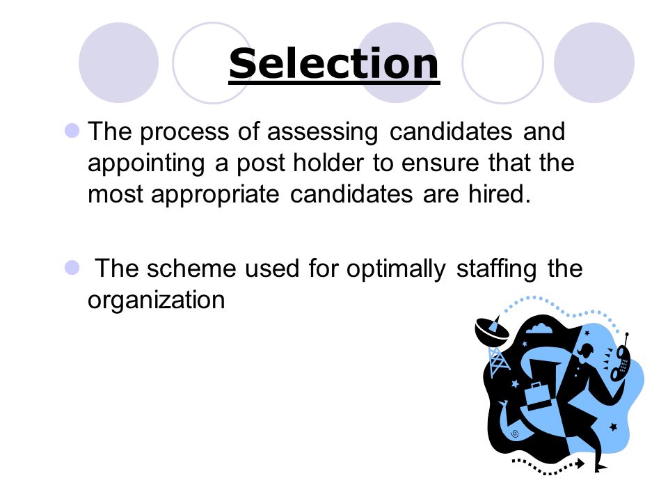 Selection The process of assessing candidates and appointing a post holder to ensure that the most appropriate candidates are hired.