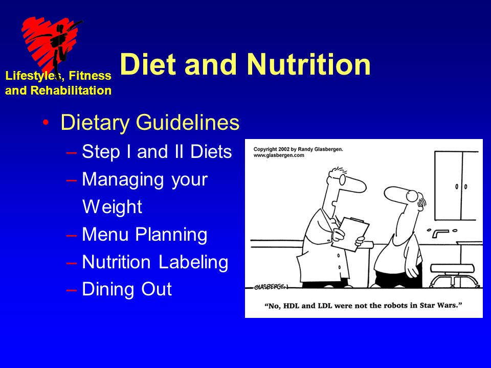 Lifestyles, Fitness and Rehabilitation Diet and Nutrition Dietary Guidelines –Step I and II Diets –Managing your Weight –Menu Planning –Nutrition Labeling –Dining Out