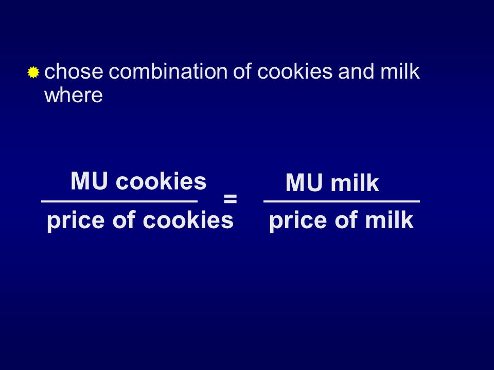  chose combination of cookies and milk where price of cookiesprice of milk MU cookies = MU milk