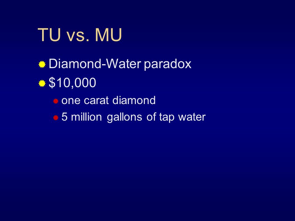 TU vs. MU  Diamond-Water paradox  $10,000  one carat diamond  5 million gallons of tap water