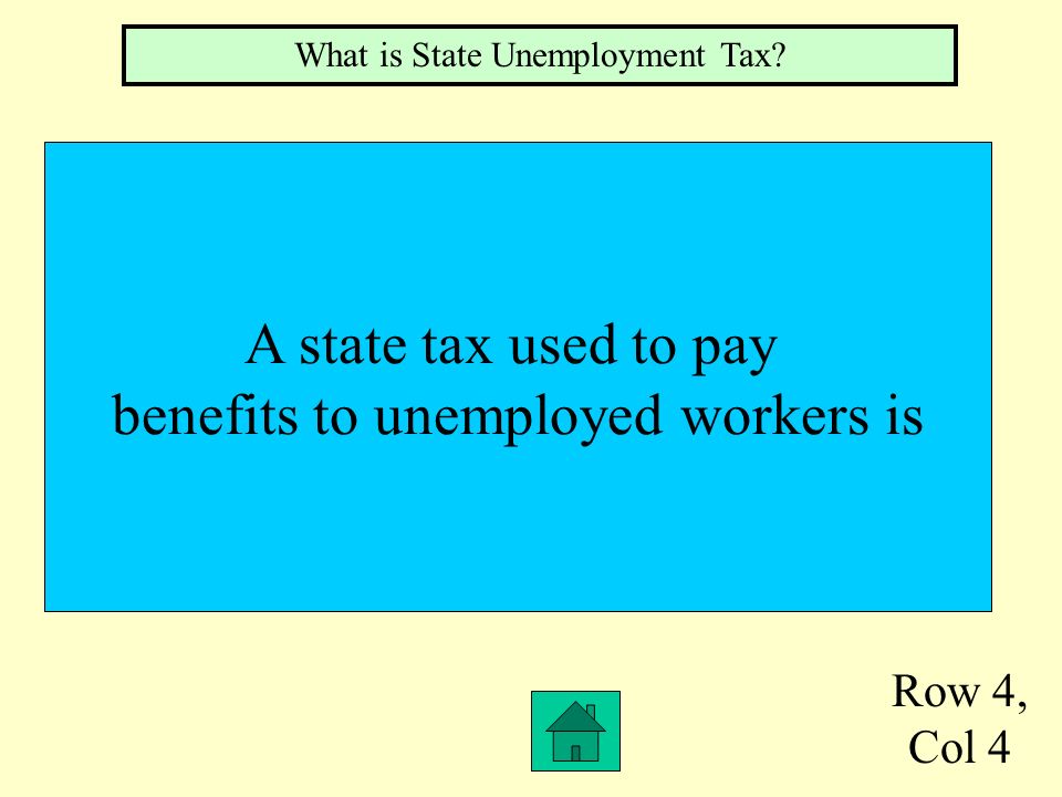 Row 4, Col 3 A federal tax used for state and federal administrative expenses of the unemployment program is What is Federal Unemployment Tax