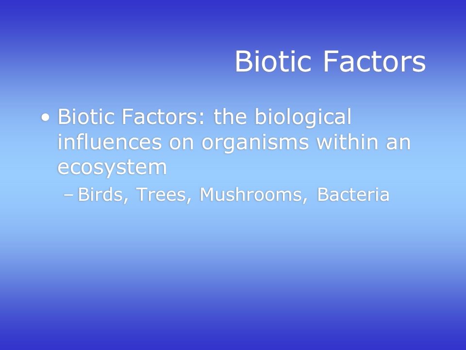 Biotic Factors Biotic Factors: the biological influences on organisms within an ecosystem –Birds, Trees, Mushrooms, Bacteria Biotic Factors: the biological influences on organisms within an ecosystem –Birds, Trees, Mushrooms, Bacteria