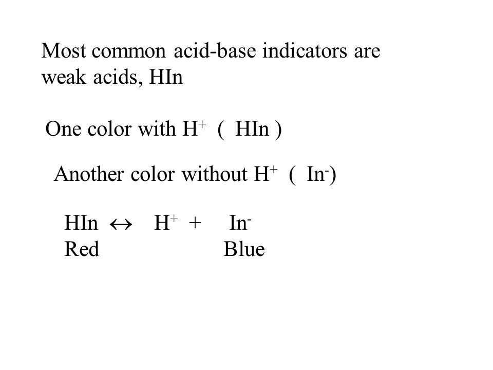 Most common acid-base indicators are weak acids, HIn One color with H + ( HIn ) Another color without H + ( In - ) HIn  H + + In - Red Blue