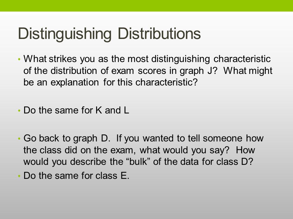 Distinguishing Distributions What strikes you as the most distinguishing characteristic of the distribution of exam scores in graph J.
