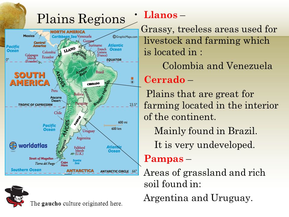 Plains Regions Llanos – Grassy, treeless areas used for livestock and farming which is located in : Colombia and Venezuela Cerrado – Plains that are great for farming located in the interior of the continent.