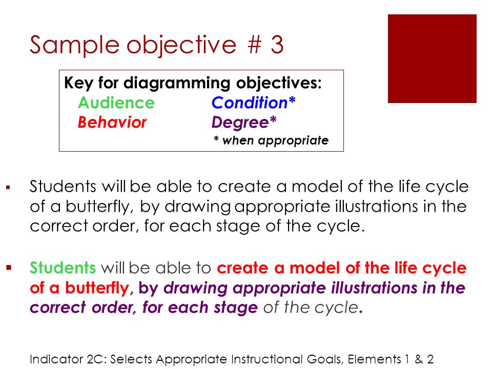 Sample objective # 3 Key for diagramming objectives: Audience Condition* BehaviorDegree* * when appropriate  Students will be able to create a model of the life cycle of a butterfly, by drawing appropriate illustrations in the correct order, for each stage of the cycle.