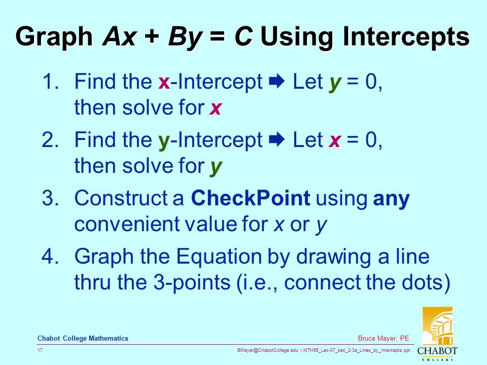 MTH55_Lec-07_sec_2-3a_Lines_by_Intercepts.ppt 17 Bruce Mayer, PE Chabot College Mathematics Graph Ax + By = C Using Intercepts 1.Find the x-Intercept  Let y = 0, then solve for x 2.Find the y-Intercept  Let x = 0, then solve for y 3.Construct a CheckPoint using any convenient value for x or y 4.Graph the Equation by drawing a line thru the 3-points (i.e., connect the dots)