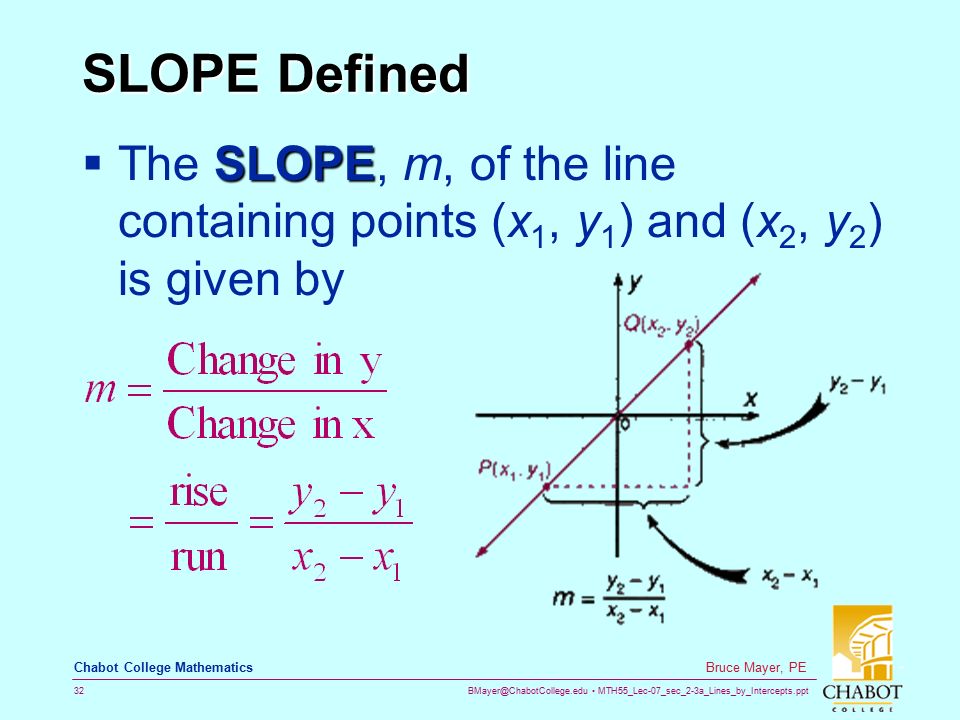 MTH55_Lec-07_sec_2-3a_Lines_by_Intercepts.ppt 32 Bruce Mayer, PE Chabot College Mathematics SLOPE Defined SLOPE  The SLOPE, m, of the line containing points (x 1, y 1 ) and (x 2, y 2 ) is given by