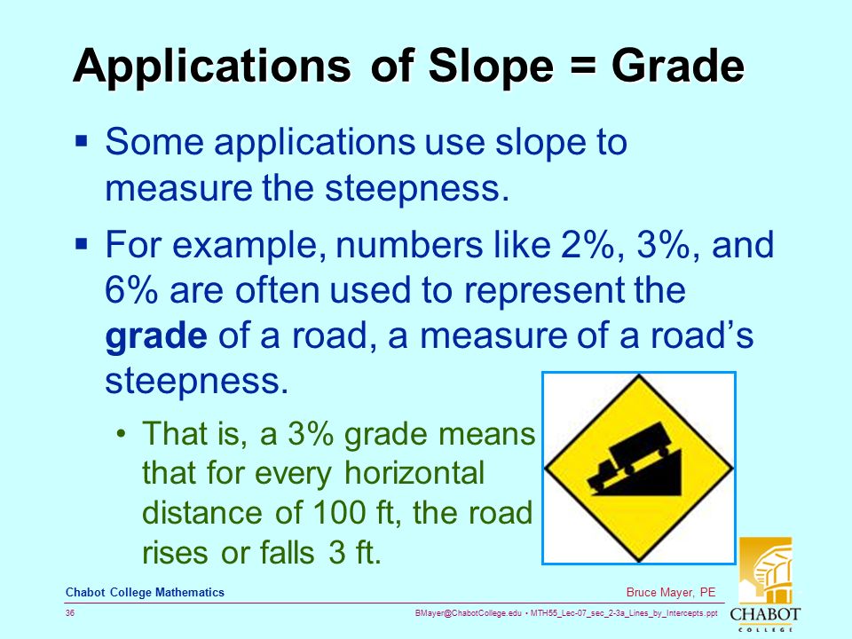 MTH55_Lec-07_sec_2-3a_Lines_by_Intercepts.ppt 36 Bruce Mayer, PE Chabot College Mathematics Applications of Slope = Grade  Some applications use slope to measure the steepness.