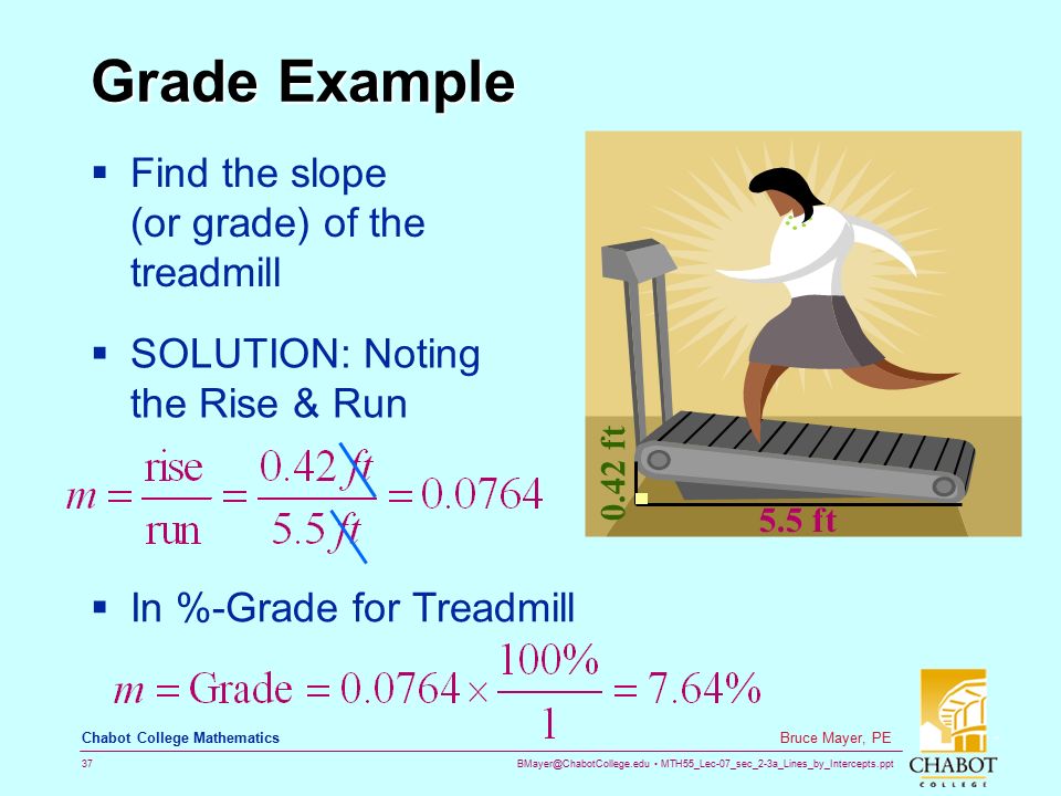 MTH55_Lec-07_sec_2-3a_Lines_by_Intercepts.ppt 37 Bruce Mayer, PE Chabot College Mathematics Grade Example  Find the slope (or grade) of the treadmill 0.42 ft 5.5 ft  SOLUTION: Noting the Rise & Run  In %-Grade for Treadmill