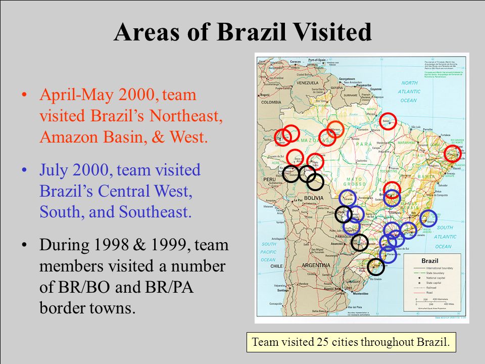 Areas of Brazil Visited April-May 2000, team visited Brazil’s Northeast, Amazon Basin, & West.