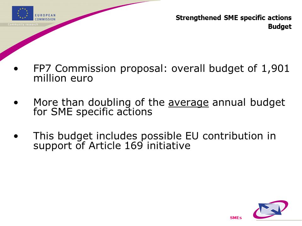 SMEs Strengthened SME specific actions Budget FP7 Commission proposal: overall budget of 1,901 million euro More than doubling of the average annual budget for SME specific actions This budget includes possible EU contribution in support of Article 169 initiative
