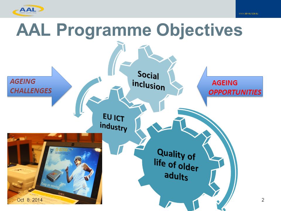 AAL Programme Objectives 2 AGEING CHALLENGES AGEING OPPORTUNITIES Oct