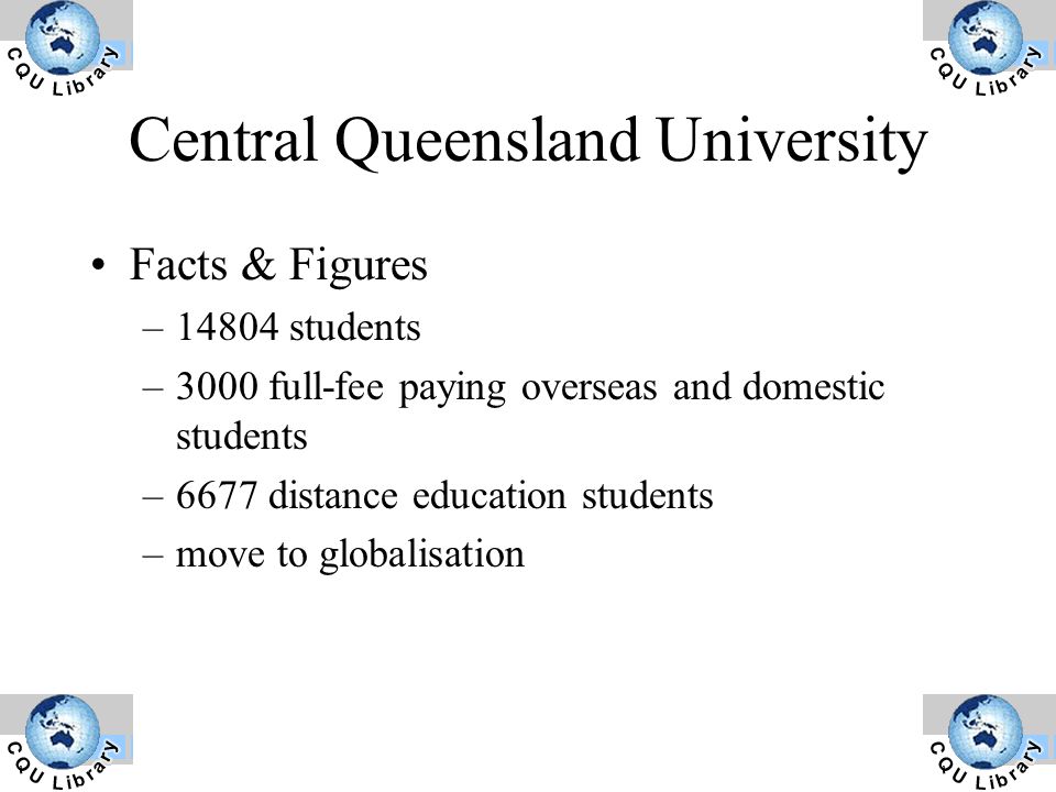 Facts & Figures –14804 students –3000 full-fee paying overseas and domestic students –6677 distance education students –move to globalisation