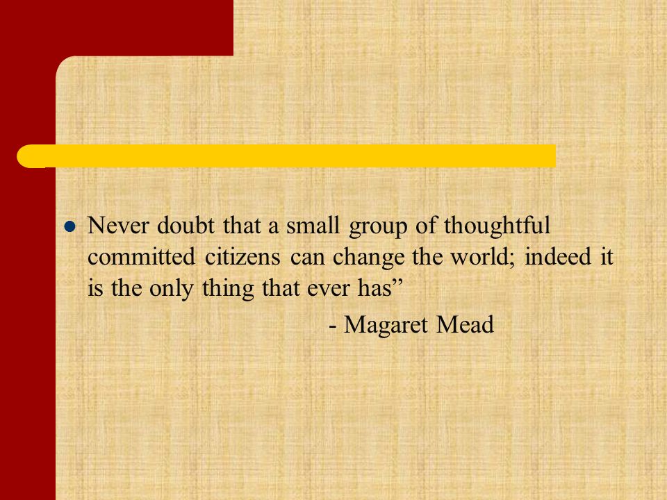 Never doubt that a small group of thoughtful committed citizens can change the world; indeed it is the only thing that ever has - Magaret Mead