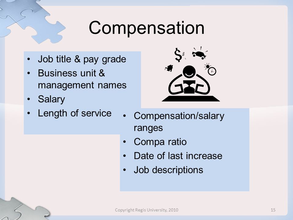 Compensation Job title & pay grade Business unit & management names Salary Length of service Compensation/salary ranges Compa ratio Date of last increase Job descriptions Copyright Regis University,