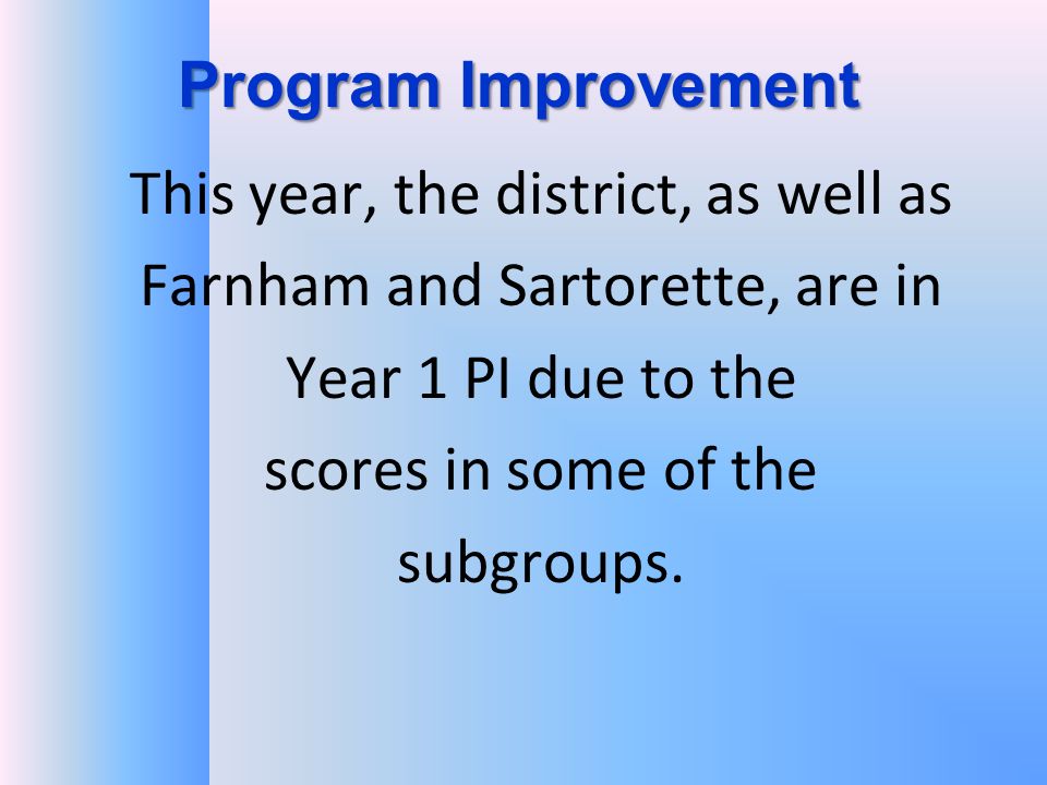 Program Improvement This year, the district, as well as Farnham and Sartorette, are in Year 1 PI due to the scores in some of the subgroups.