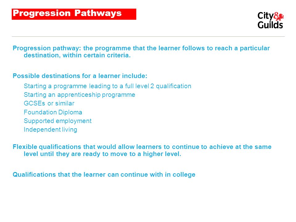 Progression Pathways Progression pathway: the programme that the learner follows to reach a particular destination, within certain criteria.