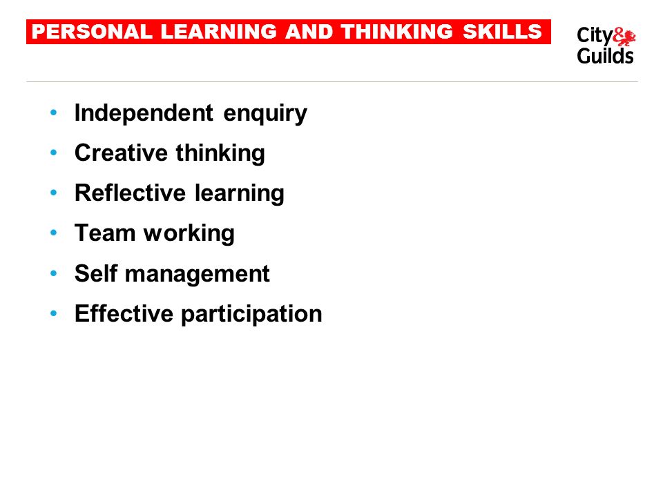 PERSONAL LEARNING AND THINKING SKILLS Independent enquiry Creative thinking Reflective learning Team working Self management Effective participation