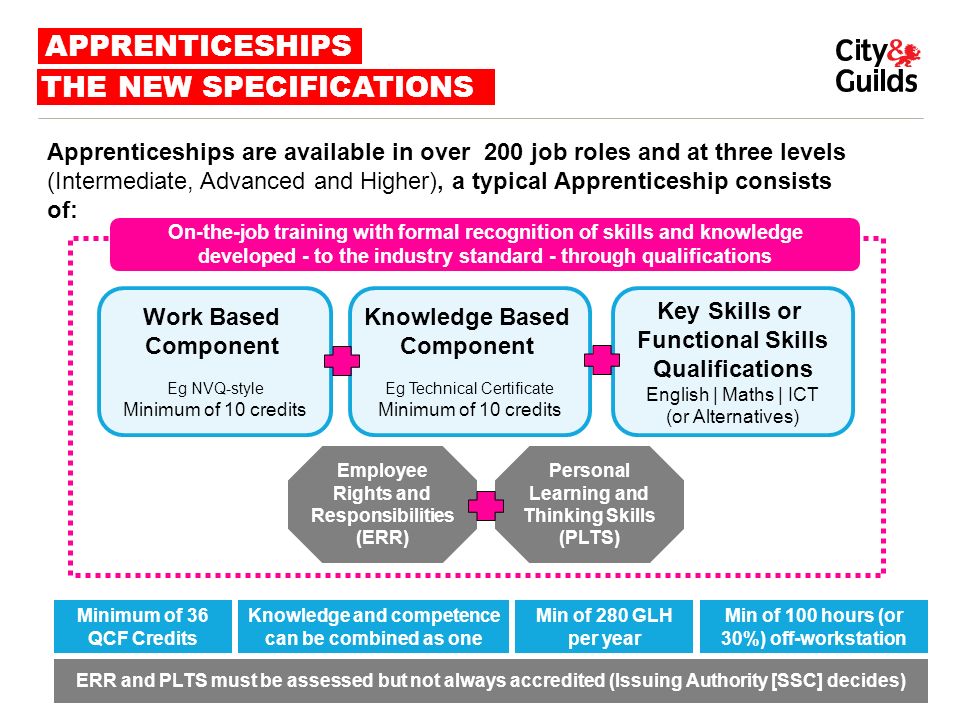 APPRENTICESHIPS Work Based Component Eg NVQ-style Minimum of 10 credits Knowledge Based Component Eg Technical Certificate Minimum of 10 credits Key Skills or Functional Skills Qualifications English | Maths | ICT (or Alternatives) Minimum of 36 QCF Credits Min of 100 hours (or 30%) off-workstation Employee Rights and Responsibilities (ERR) Personal Learning and Thinking Skills (PLTS) Knowledge and competence can be combined as one Min of 280 GLH per year THE NEW SPECIFICATIONS ERR and PLTS must be assessed but not always accredited (Issuing Authority [SSC] decides) On-the-job training with formal recognition of skills and knowledge developed - to the industry standard - through qualifications Apprenticeships are available in over 200 job roles and at three levels (Intermediate, Advanced and Higher), a typical Apprenticeship consists of: