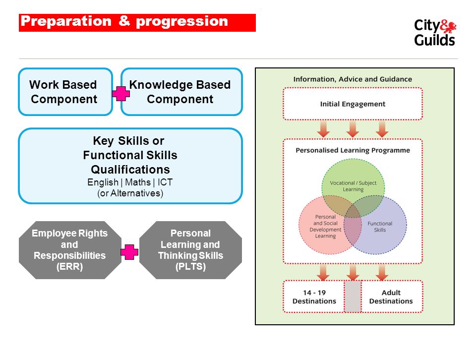 Preparation & progression Work Based Component Knowledge Based Component Key Skills or Functional Skills Qualifications English | Maths | ICT (or Alternatives) Employee Rights and Responsibilities (ERR) Personal Learning and Thinking Skills (PLTS)