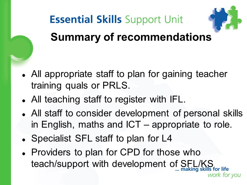 Summary of recommendations All appropriate staff to plan for gaining teacher training quals or PRLS.