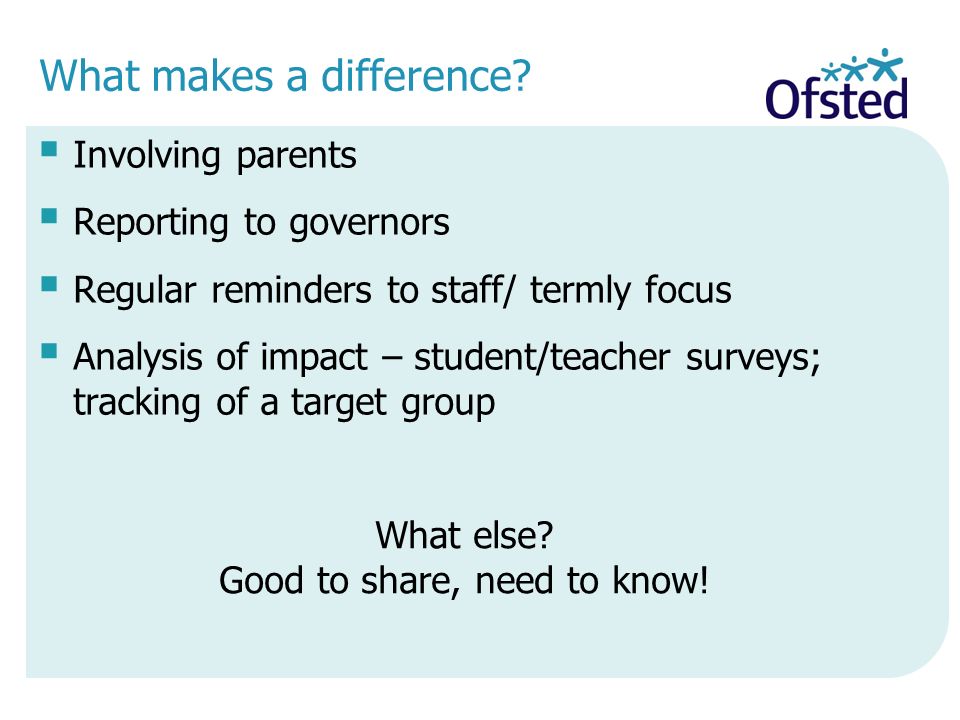  Involving parents  Reporting to governors  Regular reminders to staff/ termly focus  Analysis of impact – student/teacher surveys; tracking of a target group What makes a difference.