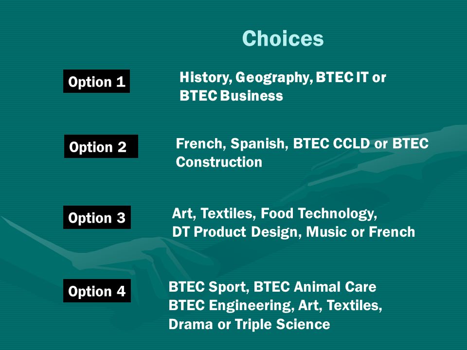 History, Geography, BTEC IT or BTEC Business Choices Option 1 Option 2 French, Spanish, BTEC CCLD or BTEC Construction Option 3 Art, Textiles, Food Technology, DT Product Design, Music or French Option 4 BTEC Sport, BTEC Animal Care BTEC Engineering, Art, Textiles, Drama or Triple Science