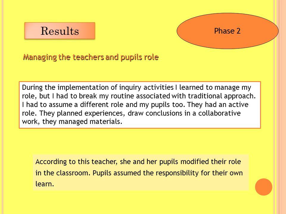 Results During the implementation of inquiry activities I learned to manage my role, but I had to break my routine associated with traditional approach.