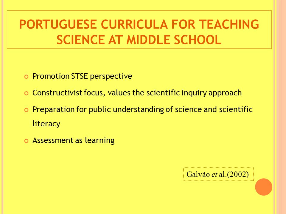 PORTUGUESE CURRICULA FOR TEACHING SCIENCE AT MIDDLE SCHOOL Promotion STSE perspective Constructivist focus, values the scientific inquiry approach Preparation for public understanding of science and scientific literacy Assessment as learning Galvão et al.(2002)