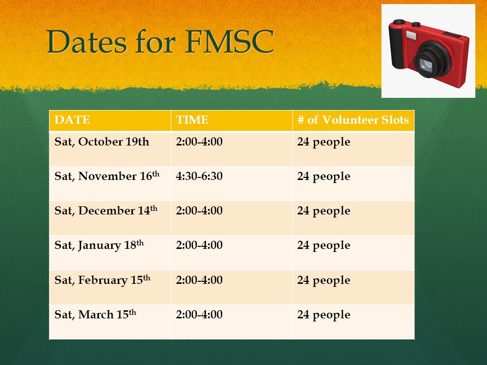 Dates for FMSC DATETIME# of Volunteer Slots Sat, October 19th2:00-4:0024 people Sat, November 16 th 4:30-6:3024 people Sat, December 14 th 2:00-4:0024 people Sat, January 18 th 2:00-4:0024 people Sat, February 15 th 2:00-4:0024 people Sat, March 15 th 2:00-4:0024 people