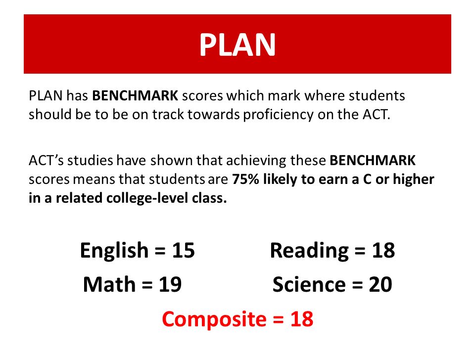 PLAN PLAN has BENCHMARK scores which mark where students should be to be on track towards proficiency on the ACT.